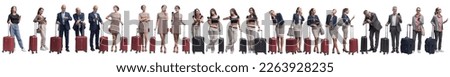 Group of diverse traveling people standing in line with trolley bags, travel and tourism concept, isolated 