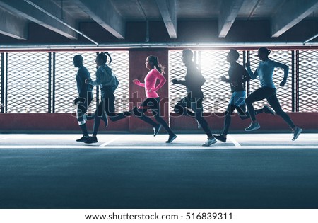 Image, Stock Photo runner running across the field with his dog