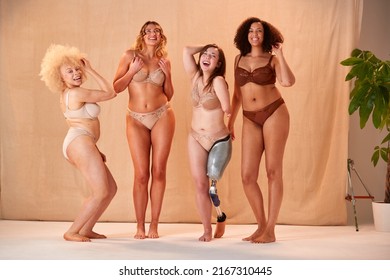 Group Of Diverse Women Friends One With Prosthetic Limb In Underwear Promoting Body Positivity