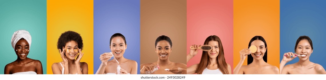 A group of diverse women are shown in a colorful studio setting, each performing a different daily skincare or hygiene routine. The women are smiling and appear to be happy and confident. - Powered by Shutterstock