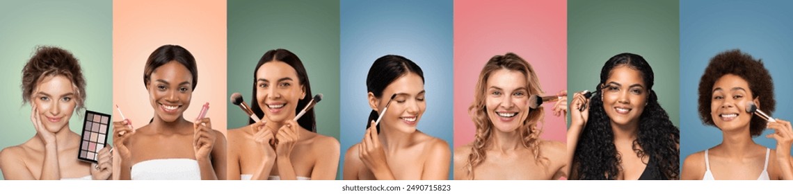 A group of diverse women with various skin tones apply makeup using brushes and sponges in front of vibrant colored backgrounds. They are all smiling and appear happy and confident. - Powered by Shutterstock