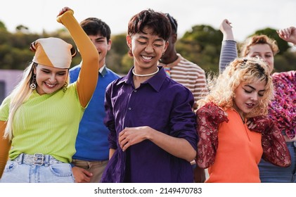 Group Of Diverse Young People Dancing Outdoor - Summer Concert And Multiracial Friends Concept