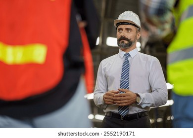 group of diversity engineer factory worker standing in morning meeting with business man manager or executive boss leader team talking and brief in industry manufacturing warehouse. back or rear view  - Powered by Shutterstock