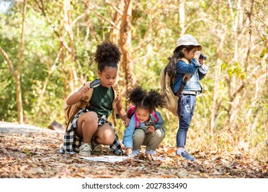 Group of Diversity little girl friends with backpack hiking together at forest mountain in summer sunny day. Three kids having fun outdoor activity sitting and looking at the map exploring the forest. - Powered by Shutterstock