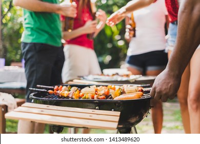 Group of diversity people having barbecue/barbeque party at home, cooking grilled meat/beef for lunch, happy friends party lifestyle concept - Shutterstock ID 1413489620