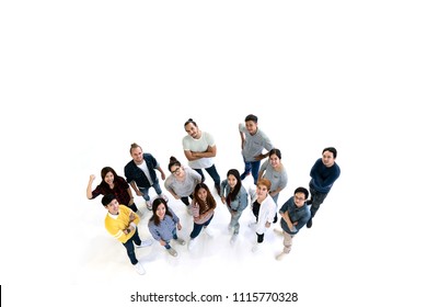 Group of Diversity People Team smiling with top view. Multiethnic or Ethnicity group of creative teamwork in casual happy lifestyle together with copy space. Different in staff generations concept.