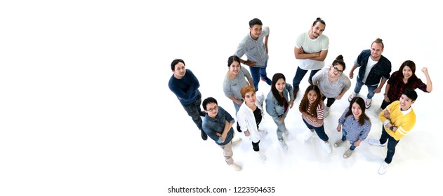 Group of Diversity People Team smiling with top view. Ethnicity group of creative teamwork in casual happy lifestyle together with copy space. Different in staff generations concept Banner.