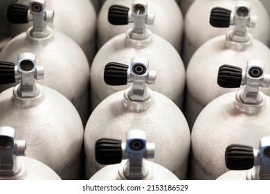 Group of Diving Cylinders Ready in a Diving Center 