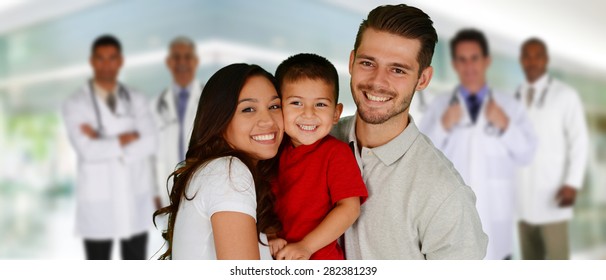 Group of doctors and a family set in a hospital