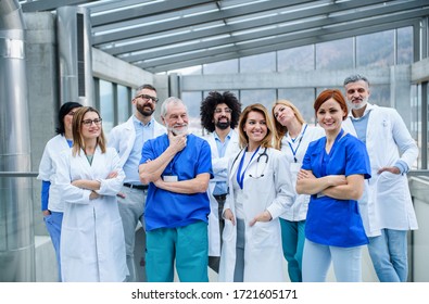 Group Of Doctors Standing On Conference, Portrait Of Medical Team.