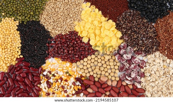 Group of dry organic cereal and grain seed \
background . For carbohydrate food type or agricultural raw\
material or ingredient\
concept
