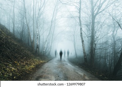 A Group Of Eerie Ghostly Figures Emerging From The Fog On A Spooky Forest  Road In Winter. With A High Contrast Photoshop Edit.