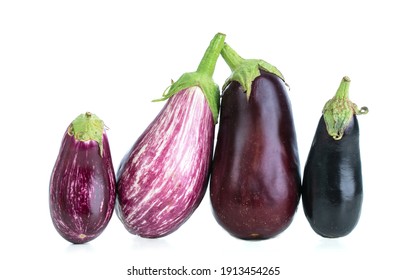 Group of eggplants of different colors cut out on a white background