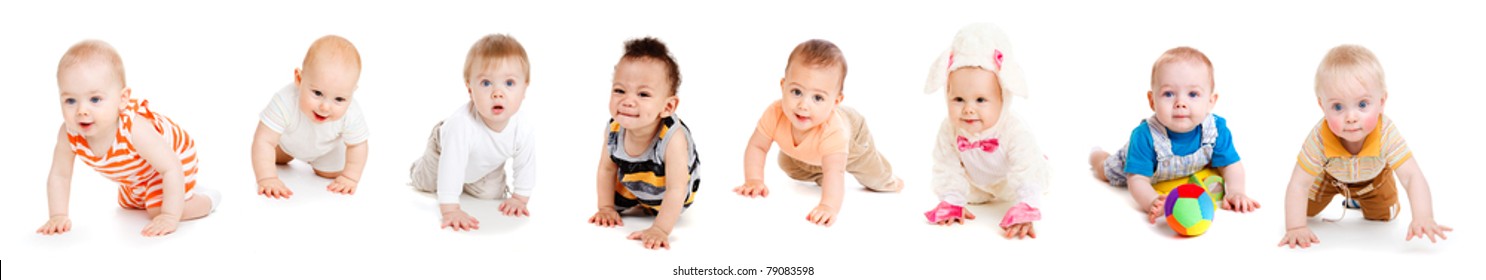 Group Of Eight Babies, Crawling, Over White