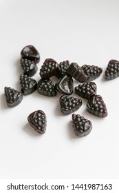 Group Of Elderberry Gummies On White Background, Top View, Vitamins And Supplement Gummy, Natural Immunity