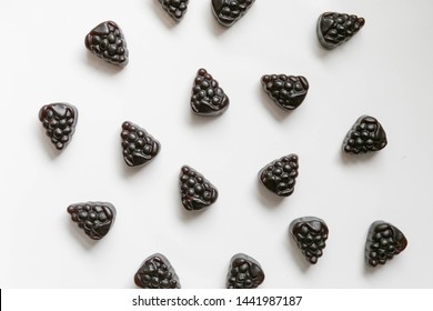 Group Of Elderberry Gummies On White Background, Top View, Vitamins And Supplement Gummy, Natural Immunity