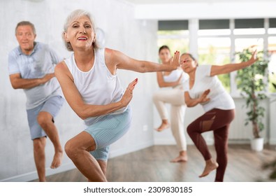 Group of elderly active people in sportswear dancing in fitness club - Powered by Shutterstock