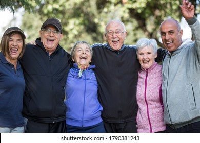 Group Of Elderly Friends Embraced Having Fun And Enjoying Life In A Park