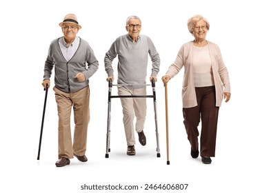 Group of elderly people with a walker and canes isolated on white background - Powered by Shutterstock