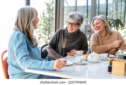 Group of elderly women have breakfast in a cafeteria, three retired female friends are celebrating an anniversary drinking tea and coffee and eating chocolate cakes - Shutterstock ID 2237394693