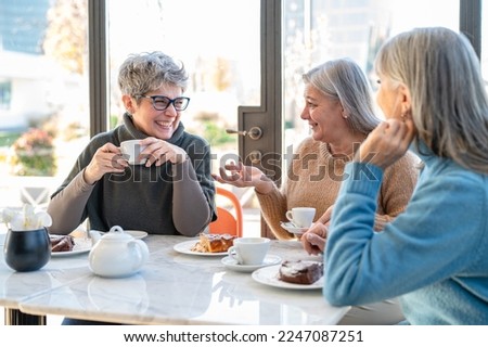 Group of elderly women having fun during breakfast in a cafeteria, three retired female friends are celebrating an anniversary, mature women drinking tea and coffee and eating cakes