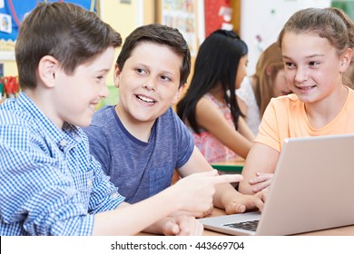 Group Of Elementary School Children Working Together In Computer Class