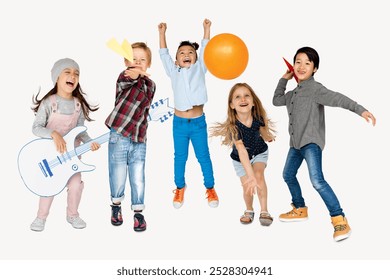 Group of elementary school kids with playful action. Diverse portrait of kids people. Girls and boys kid with creative activities. Happy girls and boys kids group standing on white background. - Powered by Shutterstock