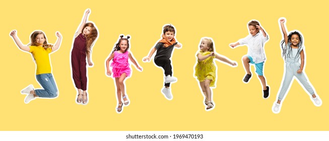 Group of elementary school kids or pupils isolated in colorful casual clothes on yellow background. Creative collage. Back to school, education, childhood concept. Magazine style. Copyspace for ad - Shutterstock ID 1969470193