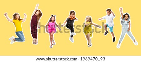 Group of elementary school kids or pupils isolated in colorful casual clothes on yellow background. Creative collage. Back to school, education, childhood concept. Magazine style. Copyspace for ad