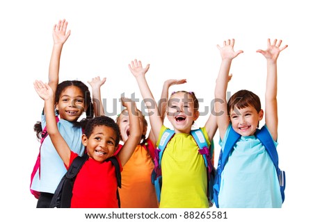 Group of emotional friends with their hands raised