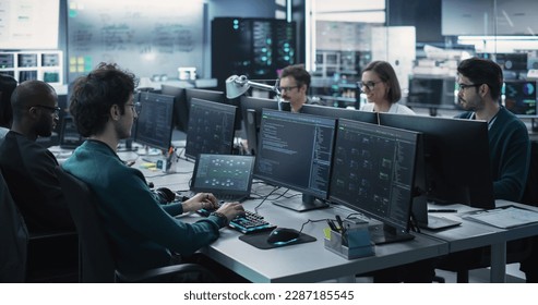 Group of Empowered Multicultural Men and Women Working in a Research Center, Using Computers to Run Advanced Software, Develop Artificial Intelligence Interface and Cyber Security Protocols - Powered by Shutterstock