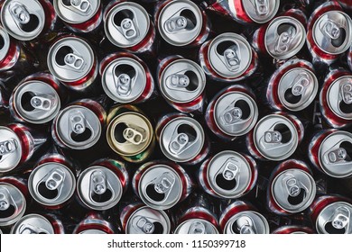 Group Of Empty Aluminium Can Ready To Recycle, Top View, Close Up Picture