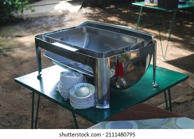 A Group Of Empty Buffets With Blurred Background Is Being Set Up For An Outdoor Wedding Concept. Catering And Garden Party Wedding Concept Background