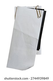 A group of empty receipt papers hold together with a paper clip isolated on white background with clipping path