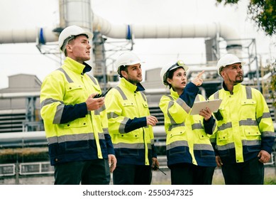Group of engineer workers checking project at petrochemical factory or refinery oil plant industrial. Survey and inspecting for safety and quality of the production
