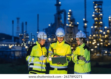 Group of Engineers team night shift working oil and gas refinery service, Workers hard work at night petroleum industry plant background.