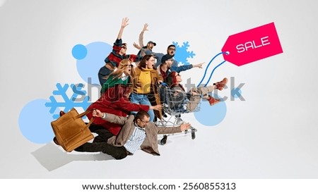 Group of enthusiastic shoppers huddled around shopping cart, reaching out towards SALE tag, surrounded by winter graphics. Concept of winter sales, shopping, holiday preparation