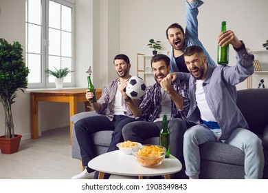 Group of excited men friends football fans feeling happy and celebrating favourite teams goal drinking beer and eating snacks during watching television match at home. Entertainment for male company - Powered by Shutterstock