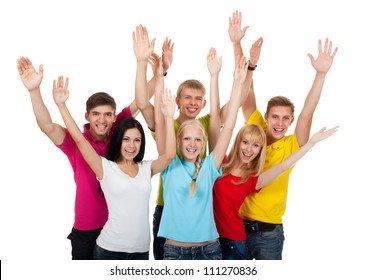 Group of excited people happy teenagers. Smiling and looking at camera. Hands arms up. Isolated white background, front view. Portrait of happy young students celebrating success - Shutterstock ID 111270836