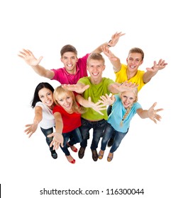 Group Of Excited People Happy Teenagers. Smiling And Looking At Camera. Hands Arms Up. Top Angle View Full Length Portrait Isolated White Background, Happy Young Students Celebrating Success