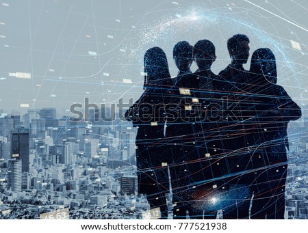 Group of experts. Silhouette of five business persons.
