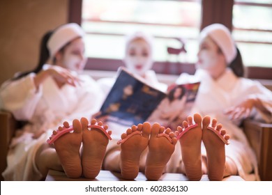 Group Of Famale Friends In Spa Have Fun, Celebrate Bachelorette Party With Face Mask