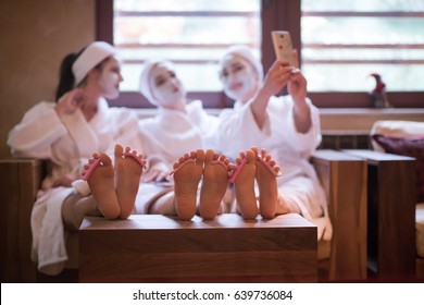 Group Of Famale Friends In Spa Have Fun, Celebrate Bachelorette Party With Face Mask