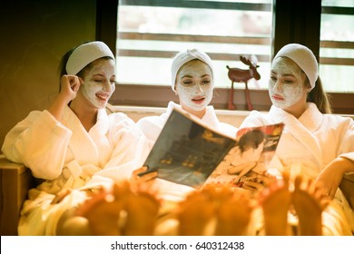 Group Of Famale Friends In Spa Have Fun, Celebrate Bachelorette Party With Face Mask