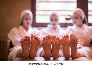 Group Of Famale Friends In Spa Have Fun, Celebrate Bachelorette Party With Face Mask