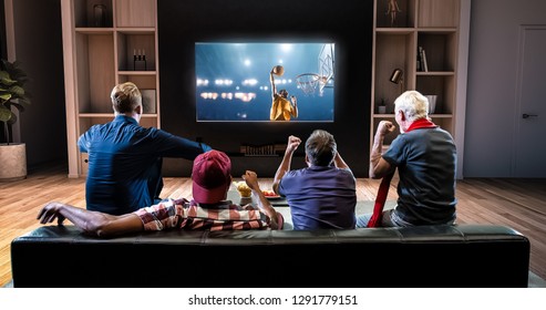A group of fans is watching a basketball moment on the TV and celebrating a victory, sitting on the couch in the living room. The living room is made in 3D.