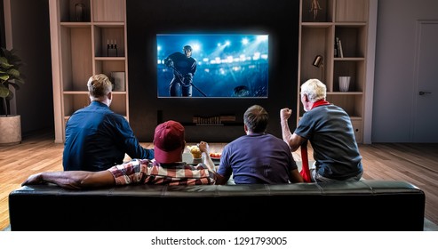 Group of fans are watching a hockey moment on the TV and celebrating a goal, sitting on the couch in the living room. The living room is made in 3D.