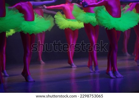 A group of female dancers standing barefoot on toes in colorful costumes perform at the festival
