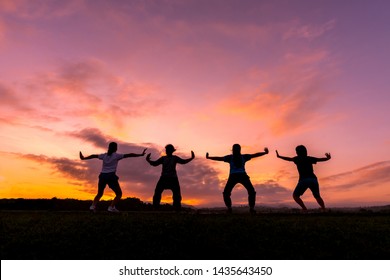 Group of female people practicing traditional Tai Chi Chuan, Tai Ji and Qi Gong for fighting match together in the park on sunset background, traditional chinese martial arts concept. - Powered by Shutterstock