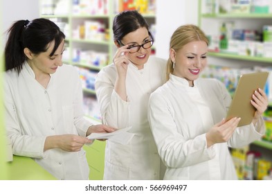 Group Of Female Pharmacists On Work, Selective Focus On Woman In The Middle 